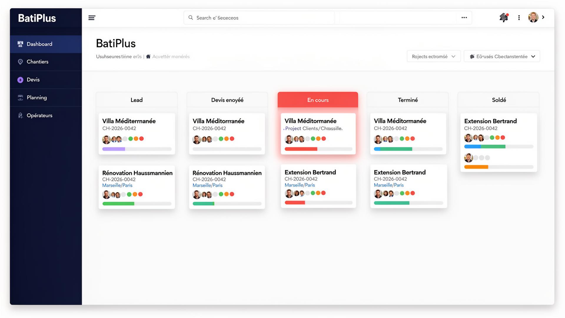 Logiciel de gestion de chantier BatiPlus — vue liste et kanban des chantiers BTP