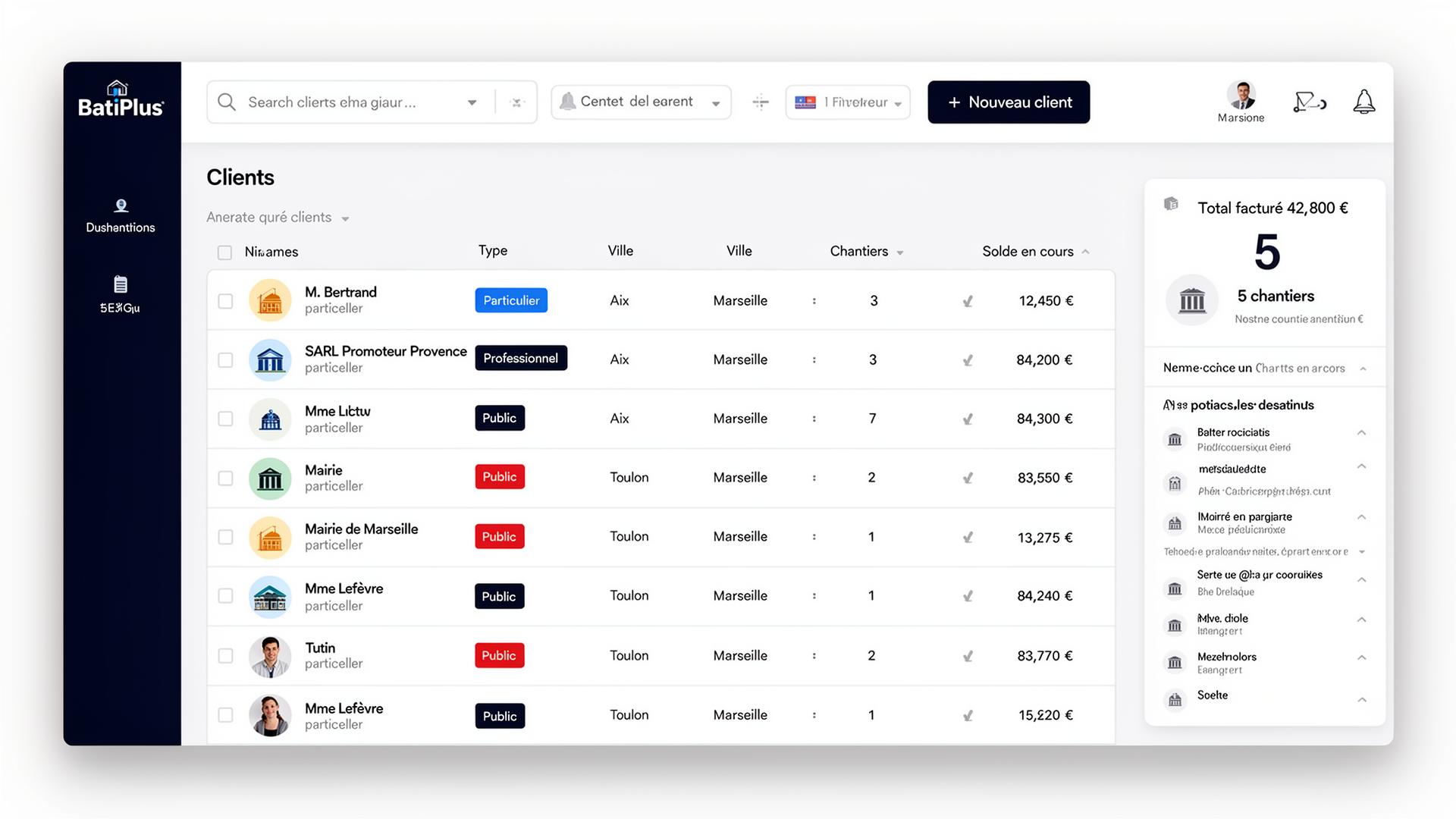 Fichier clients BTP — particuliers et professionnels avec contacts multiples et SIRET
