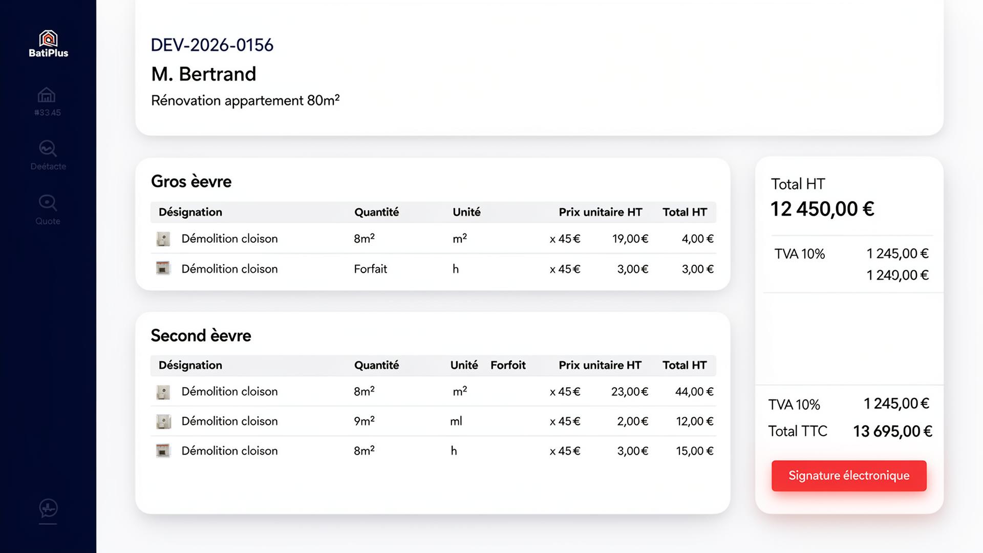 Module devis BTP avec catalogue de prestations et signature électronique eIDAS