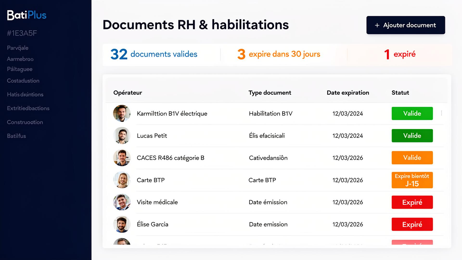 Gestion documents RH chantier — habilitations, CACES, cartes pro avec alertes d'expiration