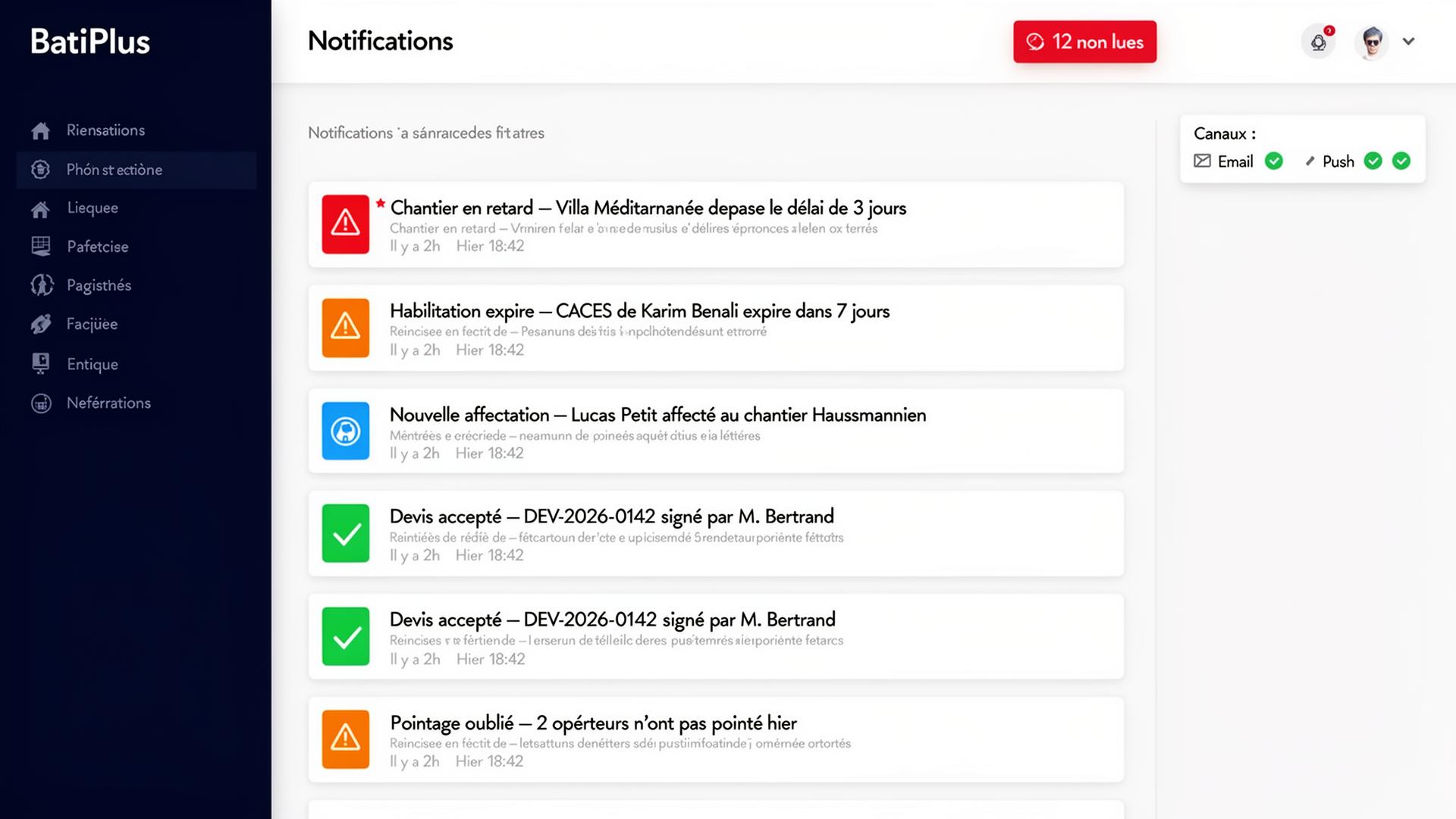 Centre de notifications intelligentes BatiPlus — alertes push et email paramétrables