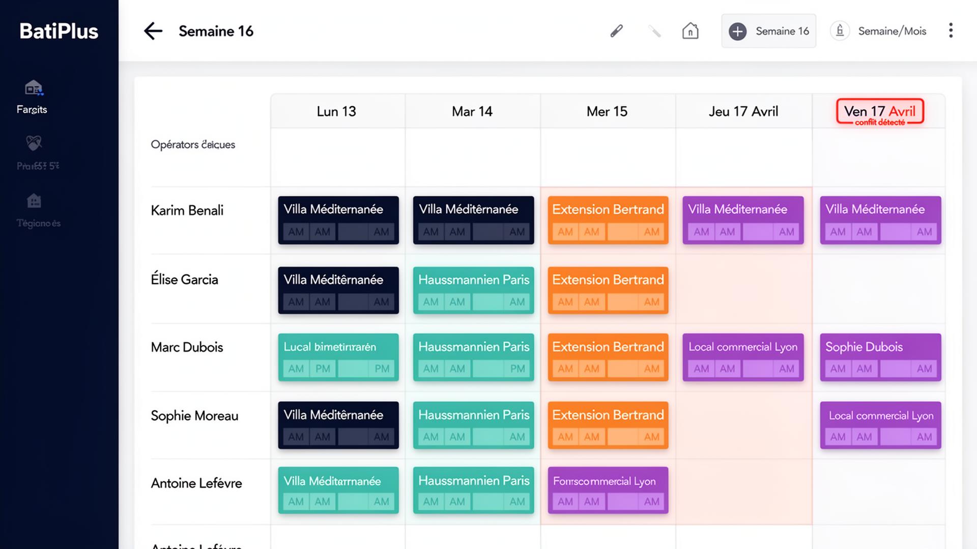 Planning visuel des équipes BTP par demi-journée avec drag & drop