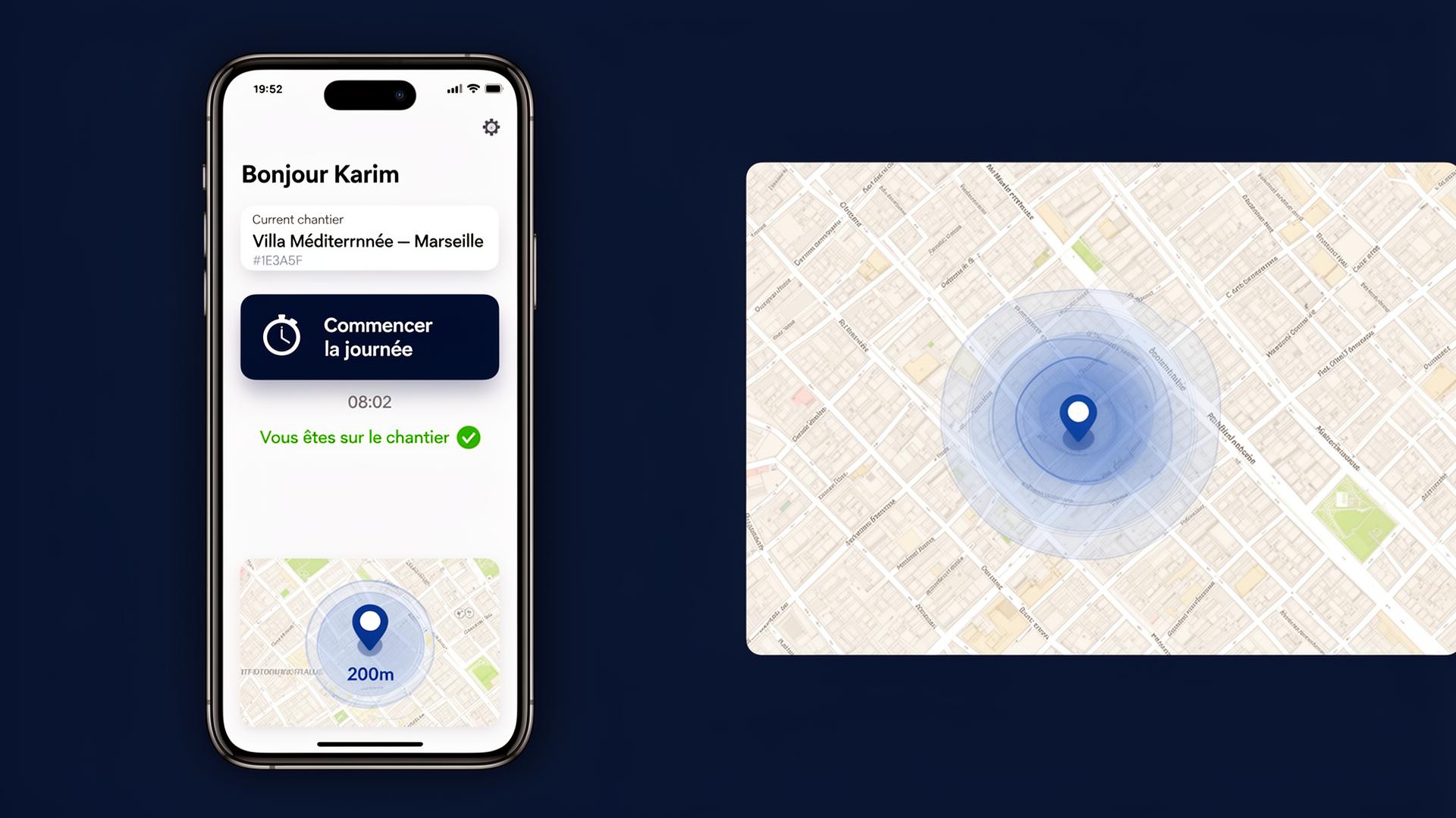 Application mobile de pointage GPS chantier avec géofencing pour ouvriers du bâtiment